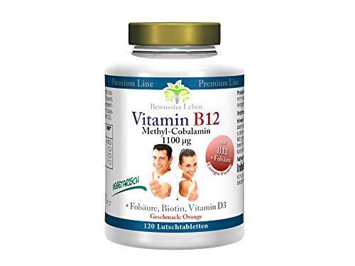 Biomenta® VITAMIN B12 VEGETARISCH – 1.100 µg Methylcobalamin / Tag + Vitamin D3 + Folsäure + Biotin – Orangengeschmack – 120 zuckerfreie Methyl B-12-Vitamin-Lutsch-Tabletten