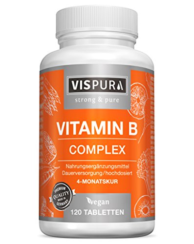 Vitamin B-Komplex extra hochdosiert 120 Tabletten vegan alle B-Vitamine ohne Magnesiumstearat in deutscher Premium-Qualität und 30 Tage kostenlose Rücknahme