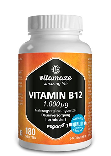 Vitamin B12 hochdosiert Methylcobalamin 1000 µg 180 Tabletten vegan 6 Monatsvorrat Qualitätsprodukt-Made-in-Germany ohne Magnesiumstearat, jetzt zum Aktionspreis und 30 Tage kostenlose Rücknahme! 1 er Pack (1 x 45 g)