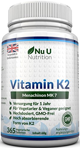 Vitamin K2 MK7 – 365 vegetarische und vegane Tabletten, Jahresversorgung von Vitamin K2 Menachinon MK7 von Nu U Nutrition